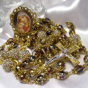 Gold Catholic Rosary-Faceted Purple/Gold Capped Glass Beadwork-Handcrafted-Rhinestone Paters-Detailed Crucifix-Madonna & Child Glass Center