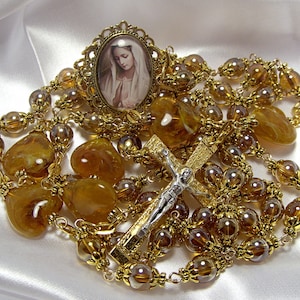 Gold Rosary-Handmade-Virgin Mary Cameo Rosary-Rich Honey luster Glass Beads-Heirloom Rosary-2 Tone Detailed Italian Crucifix