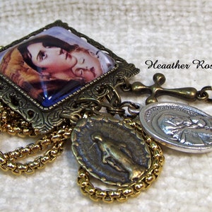 Madonna Of The Streets-24 Inch Stainless Steel Gold Necklace-Pin-Vintage Style Glass Charm Photo Necklace-Brooch Convert-Catholic Assemblege