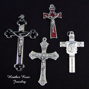 Lot of 4 Crucifixes-Rosary Making Lot-Huge Black Budded Crucifix-Veronicas Veil Cross-Red Enamel Crucifix-Ornate Crucifix