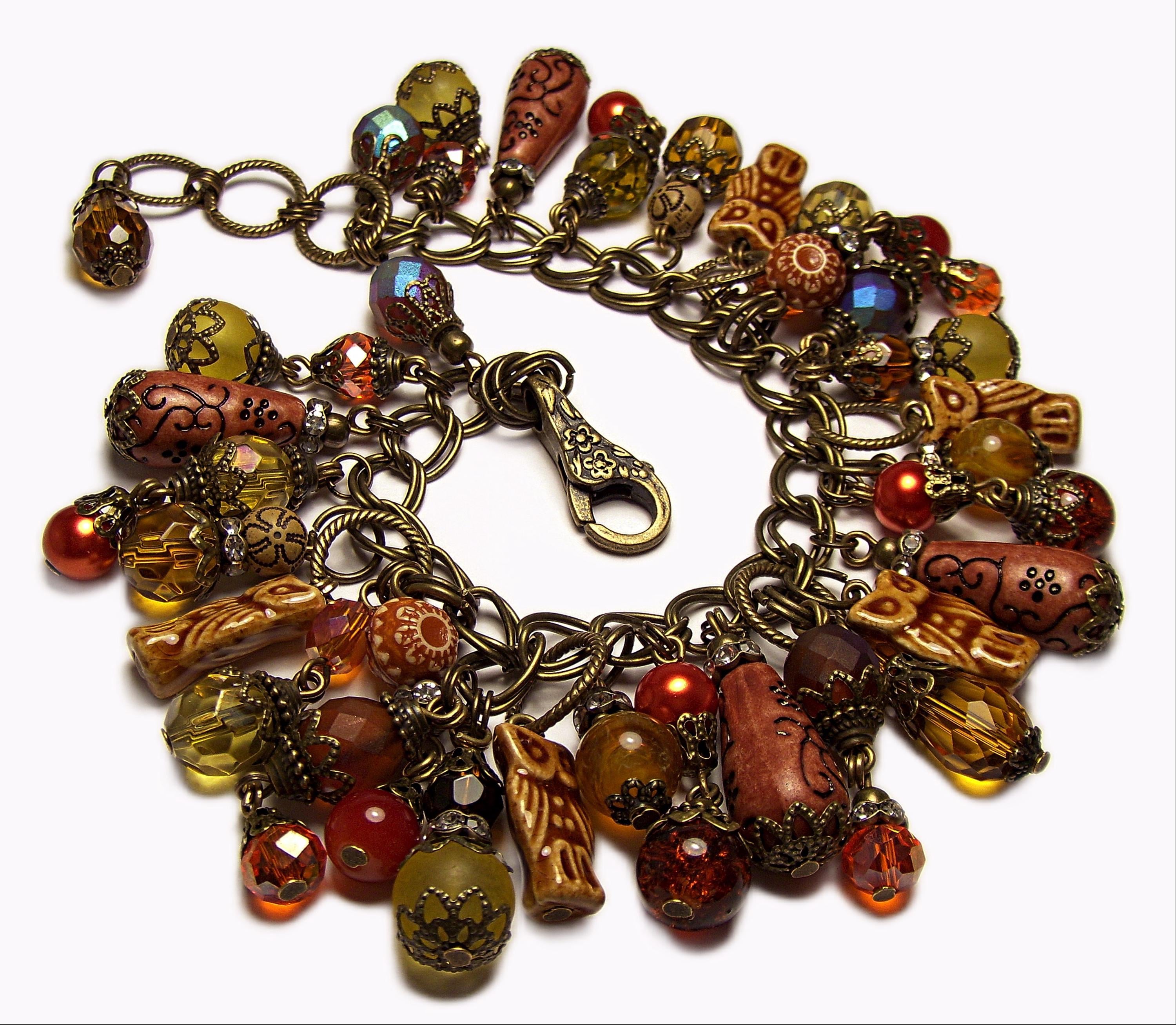 Woodland Owls In Autumn Loaded Charm Bracelet-Bronze Metals-Antique Style Charm Bracelet