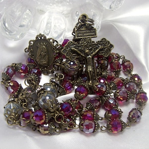 Heart Of Mary Bronze Cameo Rosary-Antique Style-Handmade-Faceted Garnet Red a/b Glass Beads-Pardon Crucifix