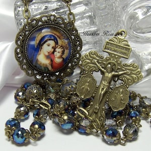 Ornate Bronze Heirloom Rosary-Madonna and Child Handmade Rosary-Large Center-Faceted Glass Beads in Partial Metallic Blue
