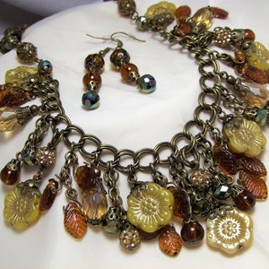 Autumn Sunflowers-Handmade czech glass charm necklace and earrings set-Vintage Style Bronze-Adjustable-19-21 1/2 Inches