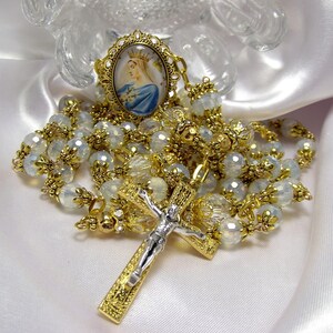 Gold Catholic Rosary-Handmade Mary Glass Center-Faceted Opal Glass Beads-Handcrafted-Fancy Detailed Opal Rosary-Ornate Heirloom Gold Rosary
