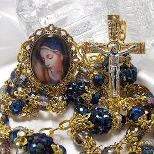 Gold Heirloom Rosary-2 Tone Crucifix-Sorrowful Mother Rosary-Grey-Blue Metallic Faceted Capped Glass Beads-Cameo Rosary