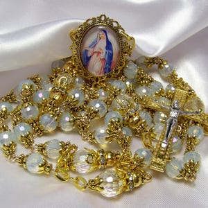 Gold Heirloom Rosary-Handmade Virgin Mary Cameo Center-Faceted Opal Capped Glass Beadwork-Handcrafted-Ornate 2 Tone Detailed Corpus Crucifix