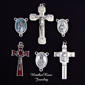 Lot Of 6 Rosary Making Items-3 Centers & 3 Crucifixes-Veronicas Veil-Stations of The Cross-Saint Dymphna-Red enamel-Guardian Angel