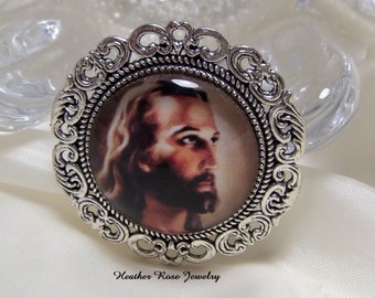 Silver Jesus Ornate Silver Bubble Glass Brooch-Handmade