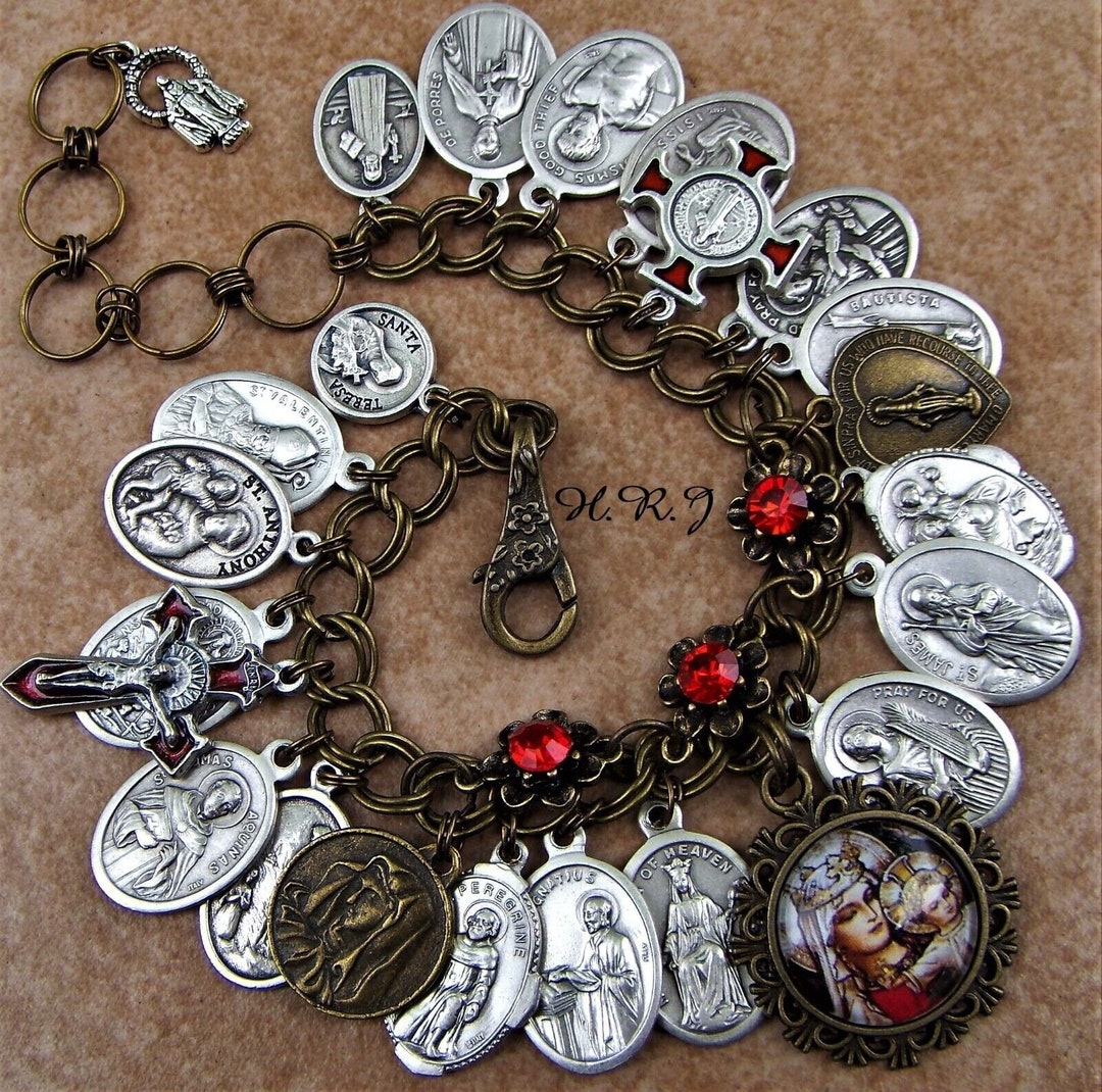 Catholic Charm Braceletfullcollection of Crosses and Saint Medals
