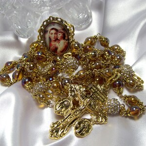Gold Ornate Rosary-Handmade Artisan Heirloom Rosary-Madonna and Child Cameo Rosary-Rich Honey luster Glass Beads-3 Way Pardon Crucifix
