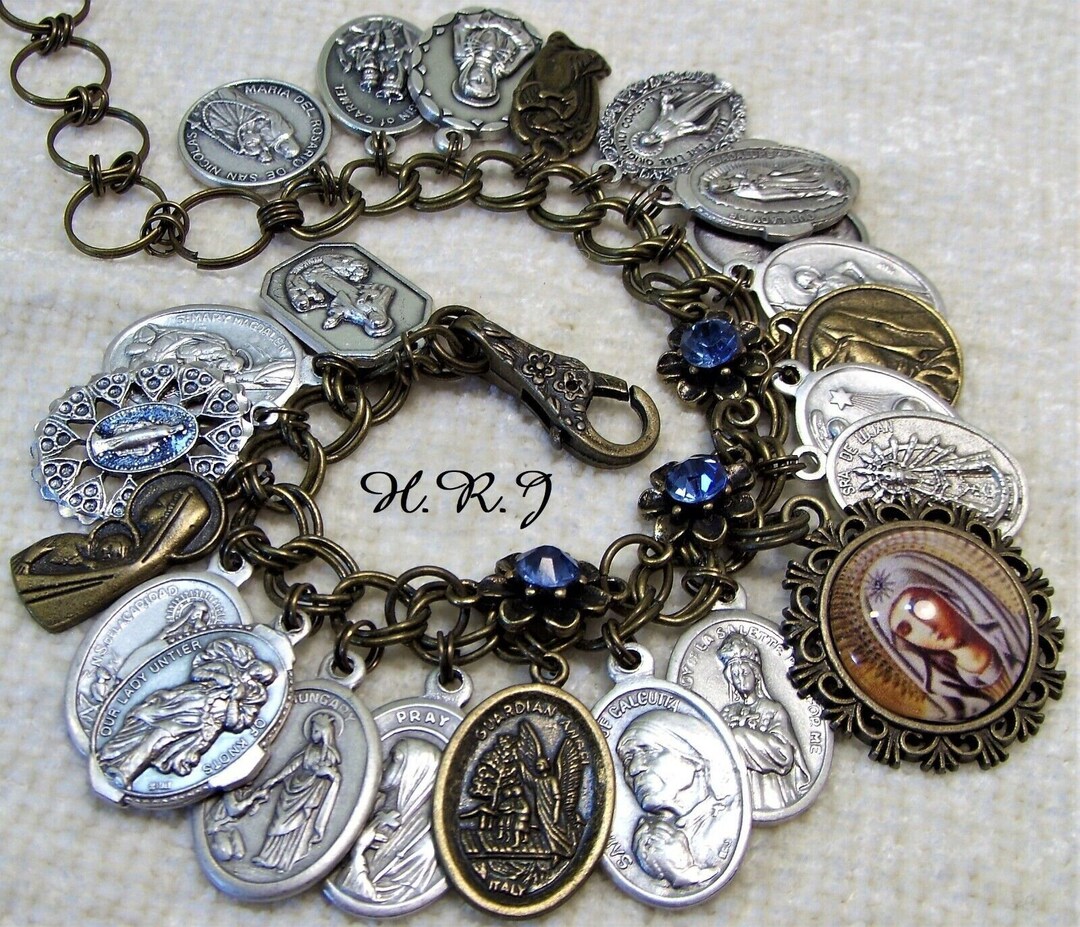Catholic Charm Braceletfullcollection of Crosses and Saint Medals