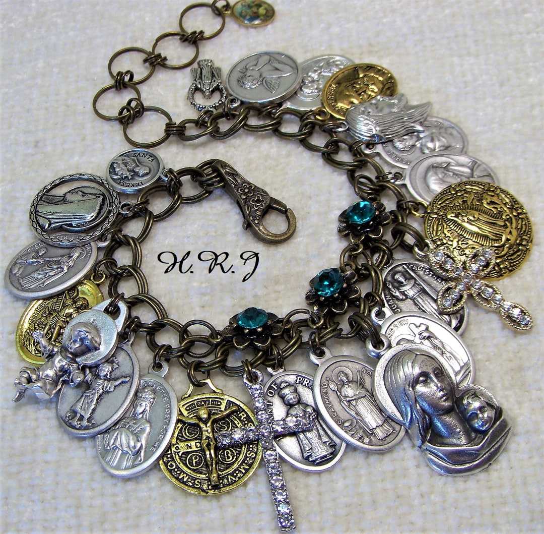 Religious Charm Braceletfullcollection of Crosses and Saint Medals