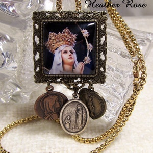 Our Lady Of Lourdes-Lourdes Glass Necklace/Brooch Convert-Lourdes Charm Necklace-Pin-Saint Bernadette-24 Inch Catholic Assemblege Necklace