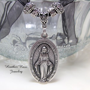 Large-Big-Miraculous Medal Necklace-Black Cord-Adjusts From 16-20 Inches-Rhinestones-Catholic-Holy Medal Necklace