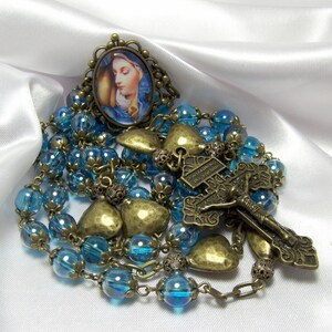 Bronze Rosary-Handmade-Virgin Mary Cameo Rosary-Aqua luster Glass Beads-Heirloom Rosary-Pardon Crucifix-Antique Style Bronze