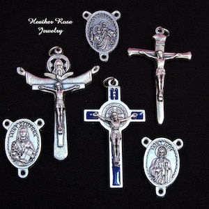 Lot of 6 Rosary making items-3 centers and 3 crucifixes-Dark Blue enamel St. Benedict-Arms of God Crucifix-Nail Crucifix-Saints Centers