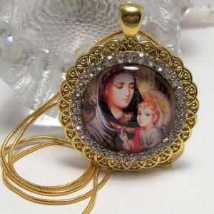 Gold Madonna & Child Necklace-catholic necklace-religious necklace-handmade-holy medal necklace-rhinestone pendant-free shipping