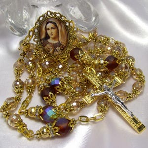 Gold Rosary-Virgin Mary Cameo Center-Faceted Beige Glass Beads-Handcrafted-2 Tone Detailed Corpus Crucifix-Gold Rosary