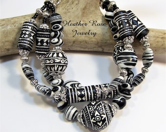 Black & White One Of a Kind Artisan Bracelet-Ethnic Terra Cotta Beads-OOAK-Layered Bracelet-Multi Strand Bracelet