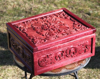 Carved Purple Heart Wood Box, Brass Hinges