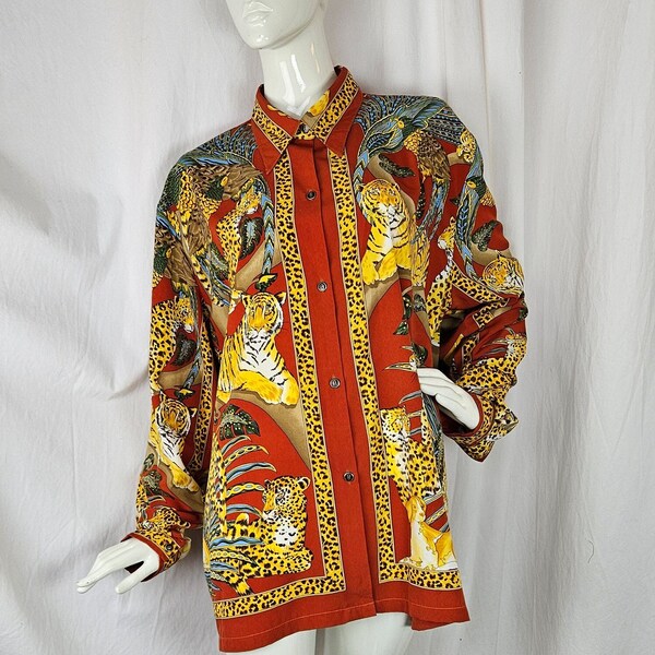80s MISS ANN International Versace-style Jungle Animal print tunic blouse/tiger leopard dog pheasant + 1 giant Giraffe + tropical leaves: XL