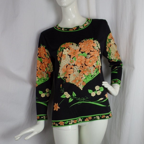 80s LEONARD PARIS style silk cotton jersey "Floral Hearts" long sleeve tee/ peach lime black/contrast band tunic: size M