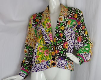 80s HOWARD WOLF Dallas floral bomber/ Dynasty style shoulder pads/ patchwork neon day glo color/silk like: size L