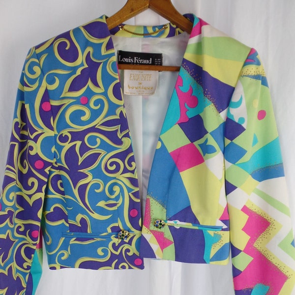 80s LOUIS FERAUD  Pucci-style psychedelic patterned cropped bolero jacket jeweled rhinestone buttons/asymmetric pattern: size S (4/6)