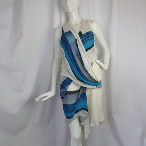 Y2K HELMUT LANG draped wrapped indigo brush stroke paint silk dress/ abstract deconstructed sleeveless/ USA made: size 6