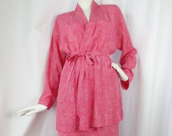 70s deadstock JEAN MUIR pink speckle print belted kimono and matching skirt 3pc ensemble/pure silk/made in England: UK12/US10