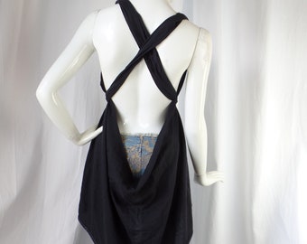 vintage ESTHER PERBANDT chain weighted hem black cotton gauze halter top/edgy Berlin Designer/ convertible wrap: one size
