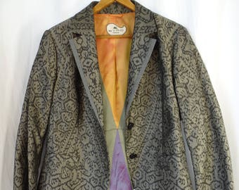 vintage 90s ETRO tribal geometric pattern textured sik blazer/ grey and black/amazing lining: made in Italy szie IT48= US12