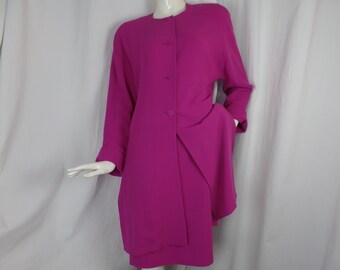 70s vintage JEAN MUIR  2 piece orchid pink wool crepe skirt suit/ minimalist/ long tunic jacket/ elastic waist skirt: US 10-12