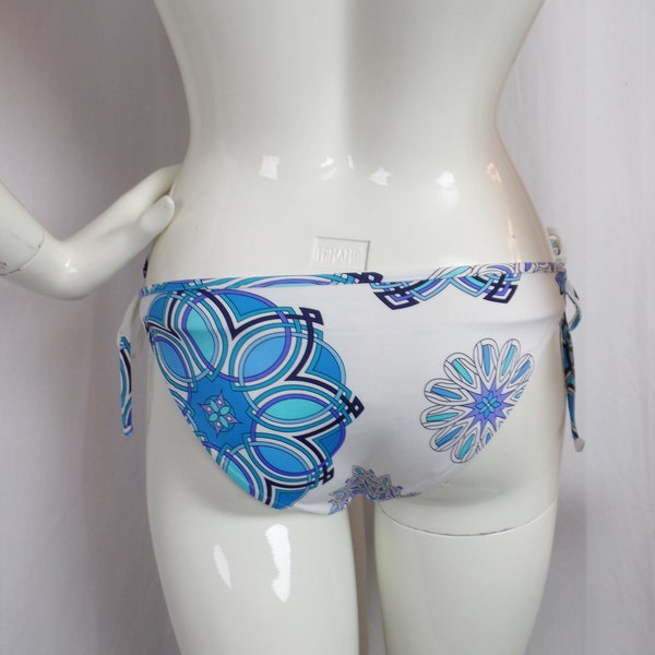 vintage 90s DEADSTOCK EMILIO PUCCI string bikini bottom/ "Spirograph" swirl style multi-blue design on white: size IT46- fits US6-10(Sm/M)
