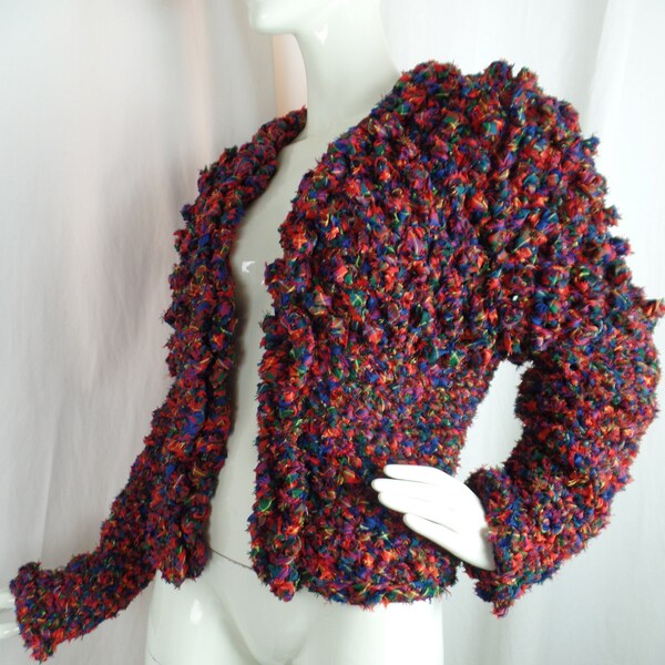 1982 ESTELLE GRACER vintage tartan rag ribbon knit jacket/ red plaid /popcorn texture /OOAK/ fiber artist: size M/L