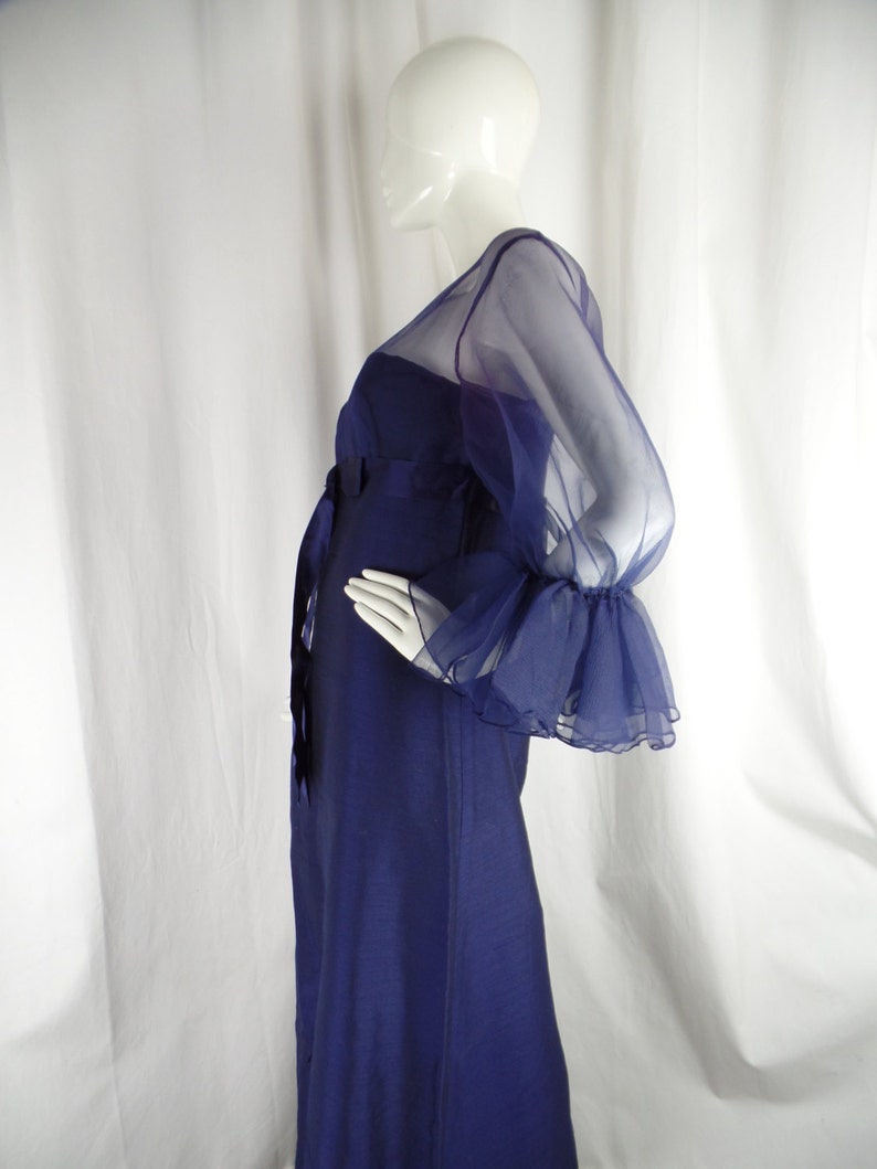 vintage size 14= US8 rare 1960s JEAN VARON midnight blue evening gown sheer chiffon upper made in the UK