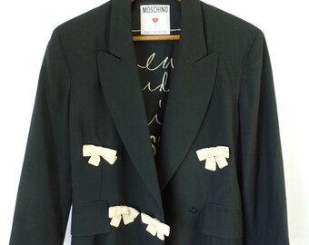 80s MOSCHINO Cheap and Chic Pret a Porter "Take a Bow" embellished black jacket/ ecru bow detail/made in Italy: I42- US8 women