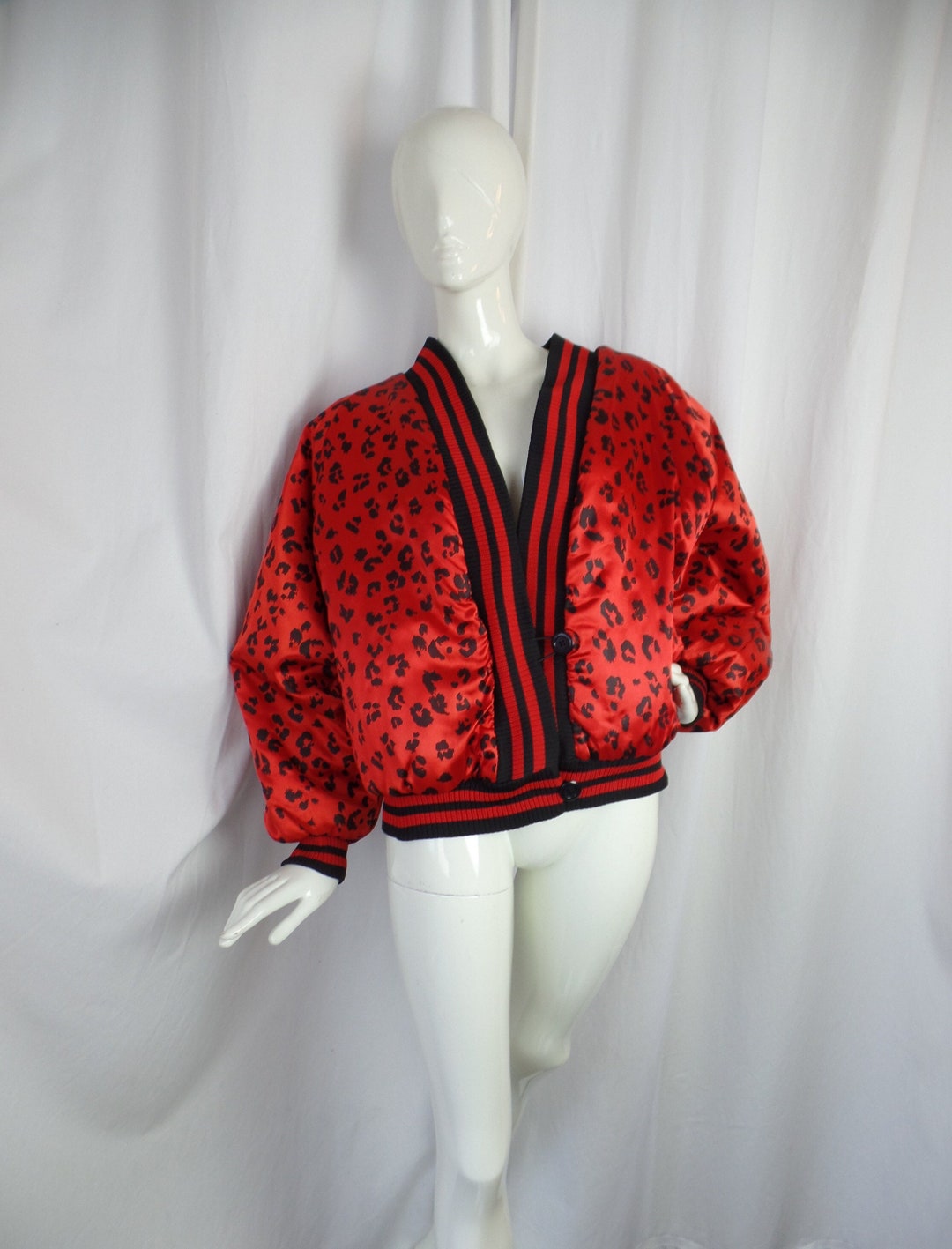 80s Reversible Black Rabbit Fur& Red Leopard Satin Bomber Jacket ...
