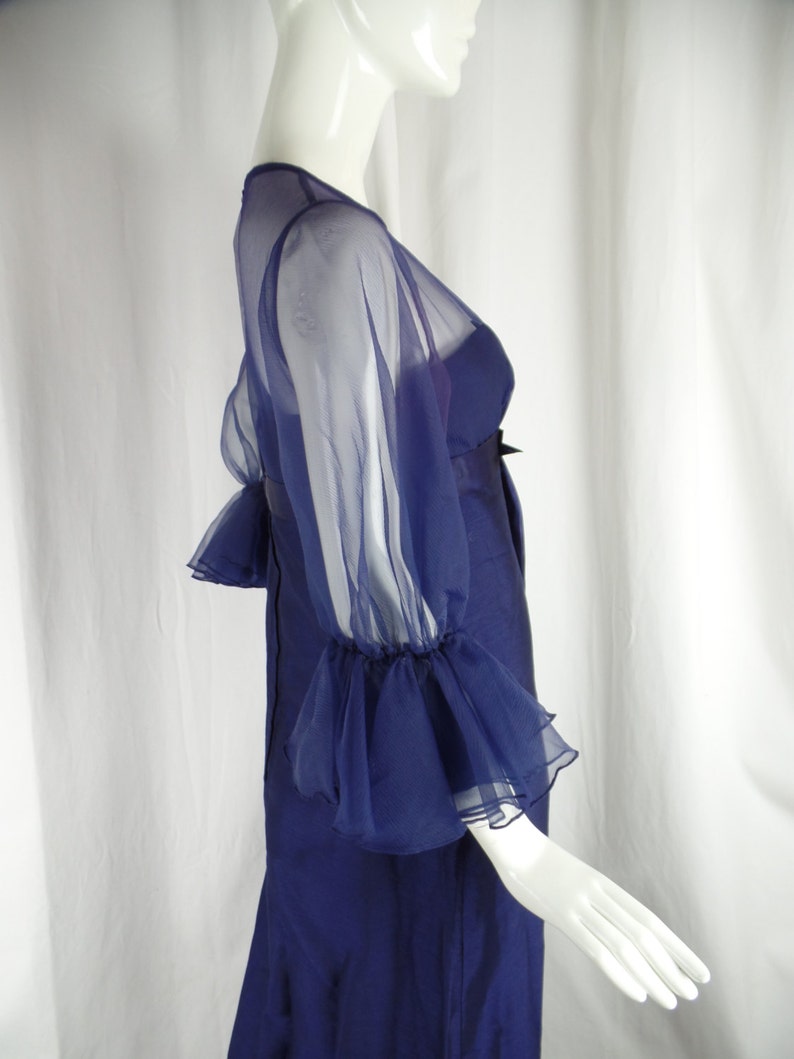 vintage size 14= US8 rare 1960s JEAN VARON midnight blue evening gown sheer chiffon upper made in the UK