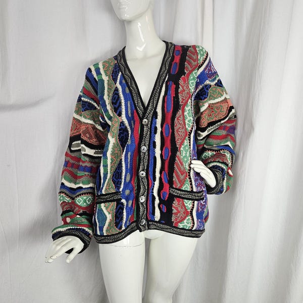 90s authentic COOGI mercerized cotton 3-D knit cardigan/ multi-color+multi patterned/2 pocket/ Australia made:size XL-fits Women M/L,Men S/M