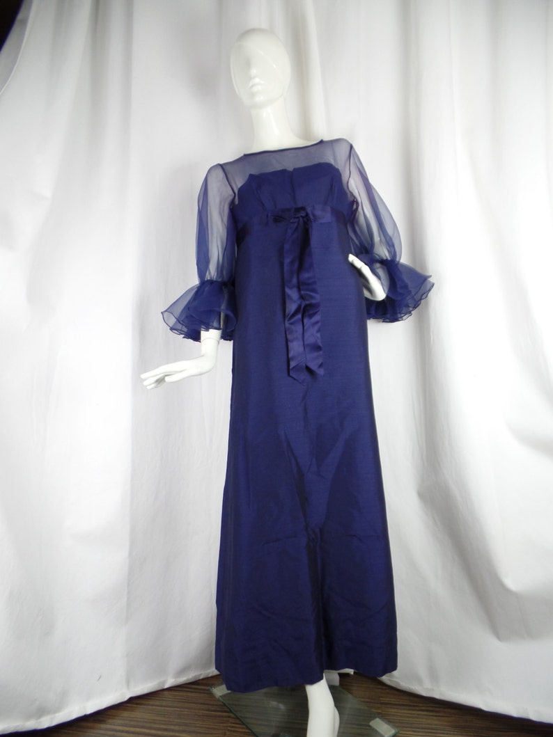 vintage size 14= US8 rare 1960s JEAN VARON midnight blue evening gown sheer chiffon upper made in the UK