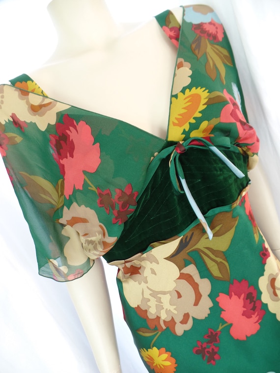 90s ETRO green floral silk dress/ velvet waist det