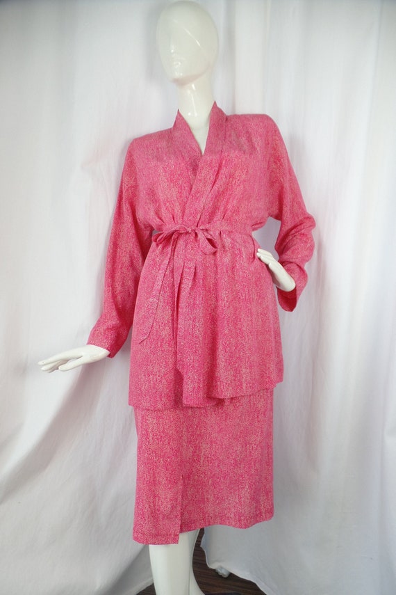 70s deadstock JEAN MUIR pink speckle print belted… - image 1