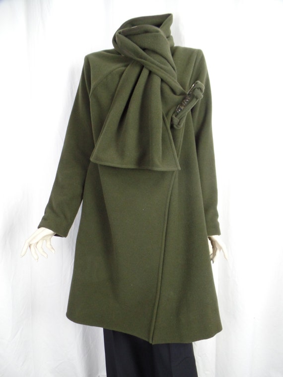 Minimalist mossy green felted wool wrap coat/ over