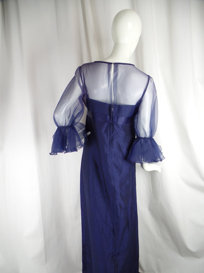 vintage size 14= US8 rare 1960s JEAN VARON midnight blue evening gown sheer chiffon upper made in the UK