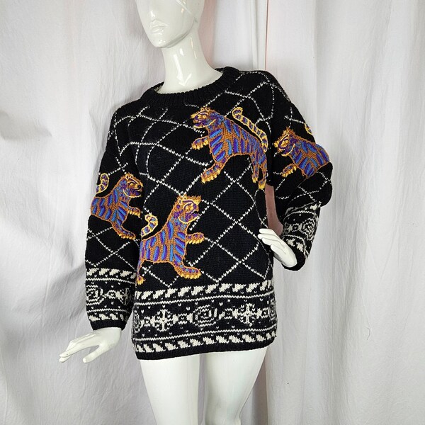 70s ST MICHAELS 4 crewel work-embroidered PSYCHEDELIC tigers wool sweater/ B&W Norwegian-style pattern pull over: