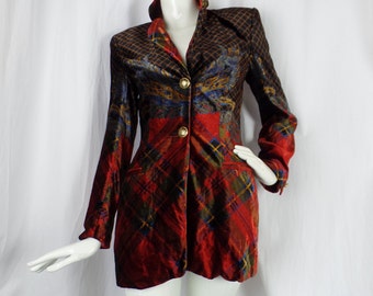 80s LAUREL for ESCADA Preppy Victorian paisley tartan plain velvet blazer/ shimmery glossy fluid velvet/houglass cut: size 34 fits US6-8