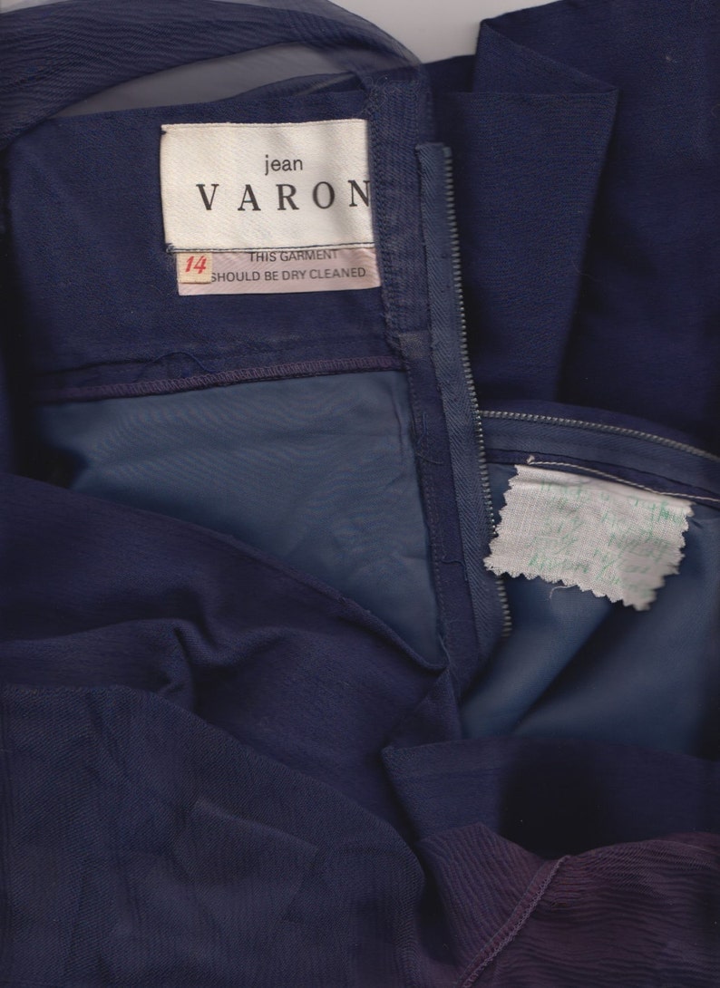vintage size 14= US8 rare 1960s JEAN VARON midnight blue evening gown sheer chiffon upper made in the UK