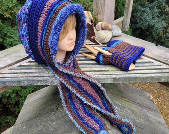 Chunky deep hood with attached scarf, includes wrist warmers (fingerless mittens).